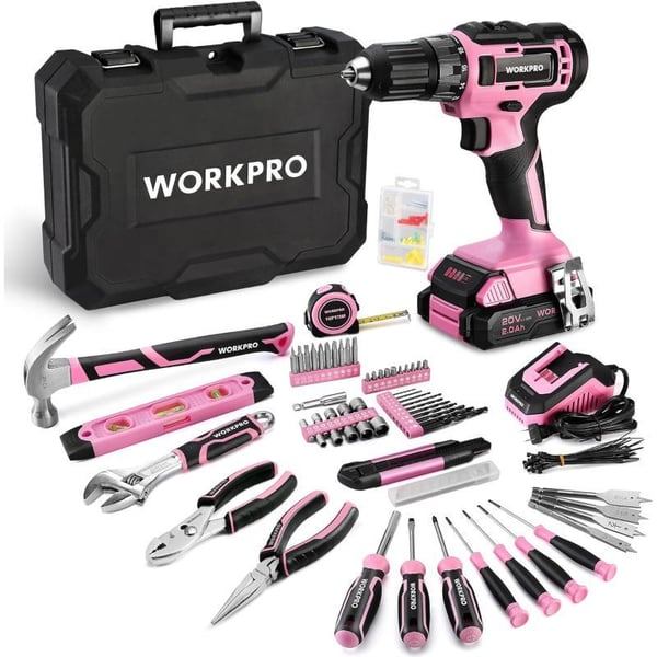 WORKPRO 20V Pink Cordless Drill Driver and Home Tool Set 141PCS Hand Tool Kit for DIY Home Maintenance 20 Ah Liion Battery 1 Hour Fast Charger and Tool Box Included  Pink RibbonWORKPRO 20V Pink Cordless Drill Driver and Home Tool Set 141PCS Hand Tool Kit for DIY Home Maintenance 20 Ah Liion Battery 1 Hour Fast Charger and Tool Box Included  Pink Ribbon