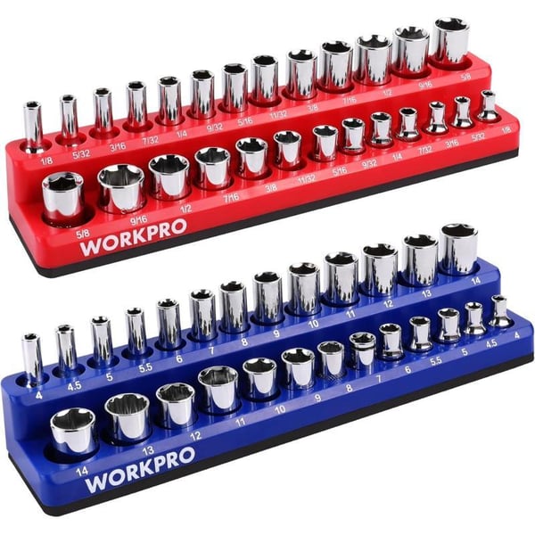 WORKPRO 38inch Magnetic Socket Organizer Set 2Piece SAE amp Metric Socket Holders Holds 56 Standard and Deep Sockets for Tool Box Tool Carts Sockets Not Included14 SAEampMetric