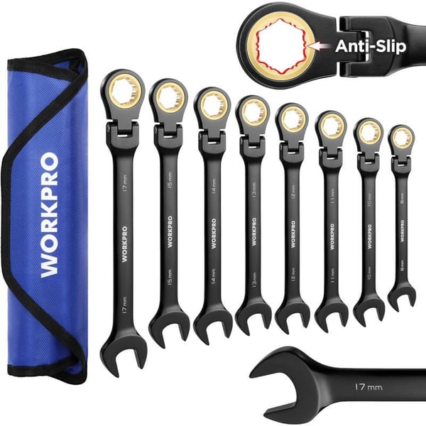 WORKPRO 8piece FlexHead Ratcheting Combination Wrench Set Metric 917 mm 72Teeth CrV Constructed Nickel Plating with Organization BagMetric AntiSlip Tooth