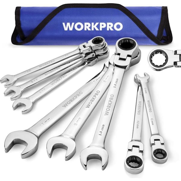 WORKPRO 8piece FlexHead Ratcheting Combination Wrench Set Metric 917 mm 72Teeth CrV Constructed Nickel Plating with Organization BagMetric Regular amp Mirror Polished