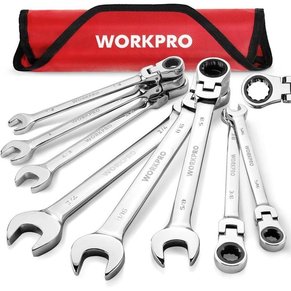 WORKPRO 8piece FlexHead Ratcheting Combination Wrench Set Metric 917 mm 72Teeth CrV Constructed Nickel Plating with Organization BagSAE Regular amp Mirror Polished