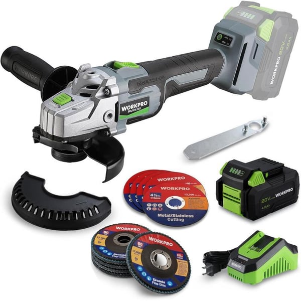 WORKPRO Cordless Angle Grinder 20V Brushless Grinder with 40Ah Battery and Fast Charger 412 Inch Dics 8500RPM Brushless Motor Electric Grinder Power Tools for Metal and WoodWORKPRO Cordless Angle Grinder 20V Brushless Grinder with 40Ah Battery and Fast Charger 412 Inch Dics 8500RPM Brushless Motor Electric Grinder Power Tools for Metal and Wood