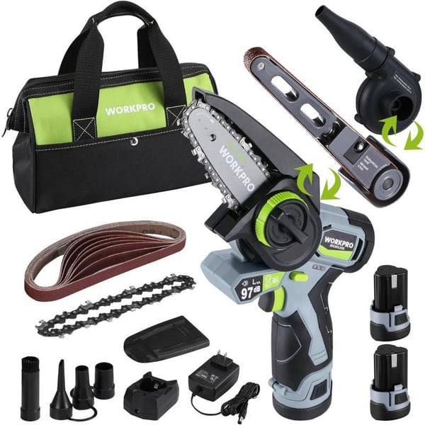 WORKPRO Cordless Detail Belt Sander Mini Chain Saw Electric Blower 3in1 Power Tool Combo Kit 12V Powerful Brushless Motor with 2 Batteries Fast Charger and Storage BagWORKPRO Cordless Detail Belt Sander Mini Chain Saw Electric Blower 3in1 Power Tool Combo Kit 12V Powerful Brushless Motor with 2 Batteries Fast Charger and Storage Bag