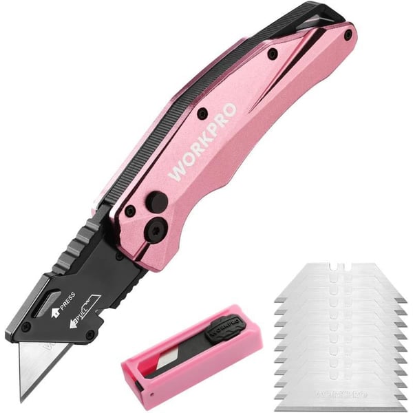 WORKPRO Folding Utility Knife Quick Change SK5 Pink Box Cutter Aluminum Handle Razor Knife for Boxes Cartons Cardboard 10 Extra Blades Included  Pink RibbonWORKPRO Folding Utility Knife Quick Change SK5 Pink Box Cutter Aluminum Handle Razor Knife for Boxes Cartons Cardboard 10 Extra Blades Included  Pink Ribbon