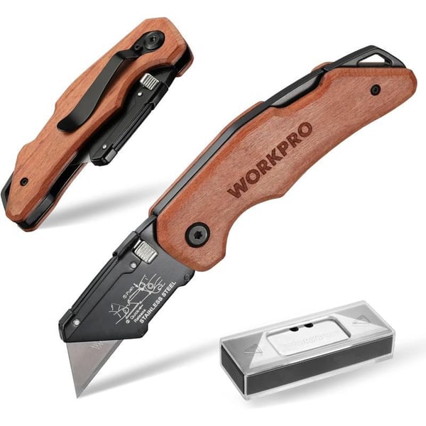 WORKPRO Folding Utility Knife with Stainless Steel Head Quickchange Blade amp Back Lock Wood Handle Heavy Duty Box Cutter 1PC Razor Knife with Extra 10PC SK5 BladesWORKPRO Folding Utility Knife with Stainless Steel Head Quickchange Blade amp Back Lock Wood Handle Heavy Duty Box Cutter 1PC Razor Knife with Extra 10PC SK5 Blades