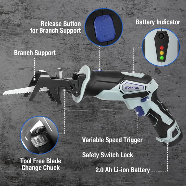 WORKPRO 12V Cordless Reciprocating Saw with Clamping Jaw 20Ah LiIon Battery with 1 Hour Fast Charger Variable Speed and ToolFree Blade Change 3 Saw Blades for Wood ampamp Metal Cutting