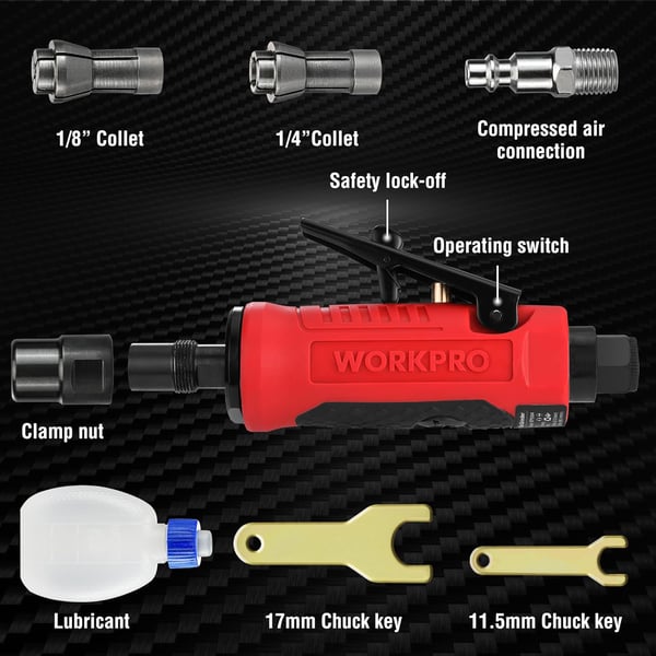 WORKPRO 14Inch Pneumatic Straight Die Grinder 25000RPM AirPowered Die Grinder for Grinding Cutting Polishing Welding Repair Deburring 14quot ampamp 18quot Collets IncludedStraight