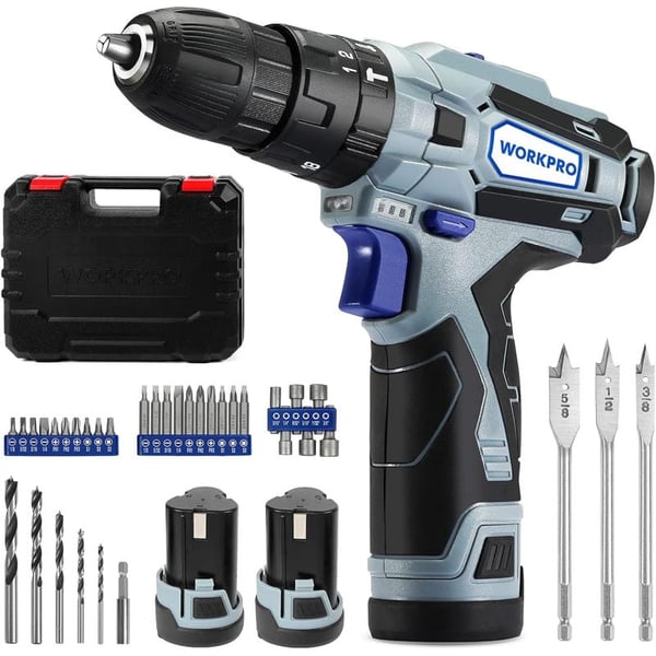 WORKPRO 12V Cordless Drill Driver Kit 2Speed 2 LiIon Batteries 2000 mAh Fast Charger 38 Clutch 183 Torque Setting 34 pcs DrillDriver Bits Included