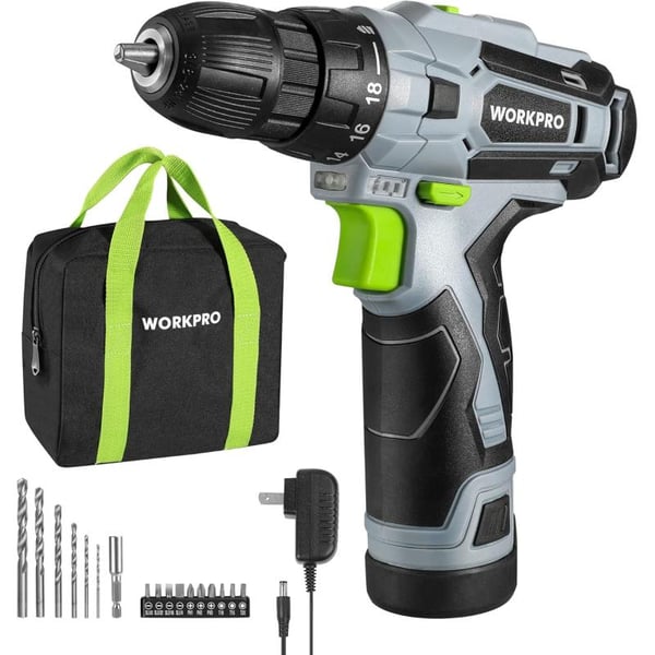 WORKPRO Cordless Drill Driver Kit 12V Electric Screwdriver Driver Tool Kit 38quot Keyless Chuck Charger and Storage Bag IncludedGreen