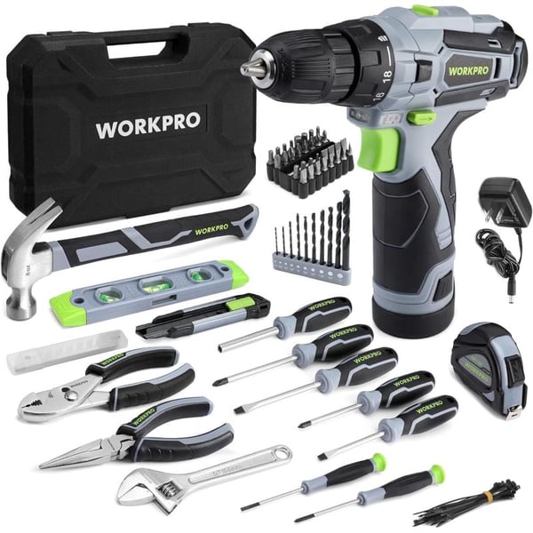 WORKPRO Home Tool Kit with Power Drill 108PCS Power Home Tool Set with 12V 15 Ah Battery Powered Screwdriver and Tool Box Electric Cordless Drill Set with Keyless Chuck and Variable Speed TriggerGrey