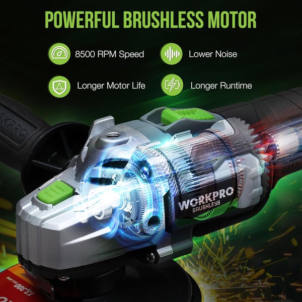 imageWORKPRO 20V Cordless Angle Grinder Kit 412 Inch Lightweight Angle Grinder Tool 40Ah LithiumIon Battery ampamp Fast Charger Ergonomic Button Position for Reducing Hand PressureBrushless