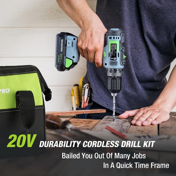 imageWORKPRO 20V Cordless Drill Driver Kit 38 Keyless Chuck 20 Ah Liion Battery 1 Hour Fast Charger and 11inch Green Storage Bag IncludedGreen