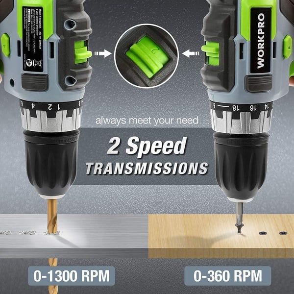 imageWORKPRO 20V Cordless DrillDriver Kit 38 182 Torque Setting Variable Speed 20 Ah Liion Battery and 1 Hour Fast Charger