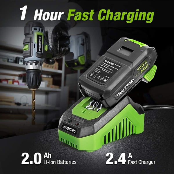 imageWORKPRO 20V Cordless DrillDriver Kit 38 182 Torque Setting Variable Speed 20 Ah Liion Battery and 1 Hour Fast Charger