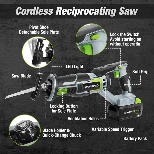 imageWORKPRO Cordless Reciprocating Saw 20V 40Ah Battery 1inch Stroke Length 4 Saw Blades for Wood ampamp Metal Cutting Included