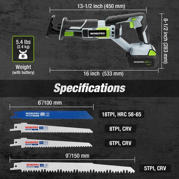 imageWORKPRO Cordless Reciprocating Saw 20V 40Ah Battery 1inch Stroke Length 4 Saw Blades for Wood ampamp Metal Cutting Included