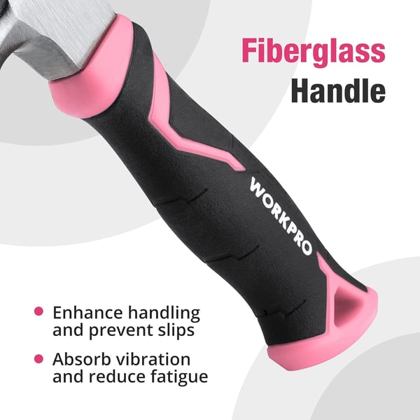 imageWORKPRO 8 oz Claw Hammer with Fiberglass Handle All Purpose Hammer with Forged Hardened Steel Head Smooth Face ampamp Shock Reduction Grip  Pink Ribbon8oz