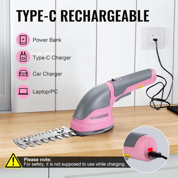 imageWORKPRO Cordless Grass Shear ampamp Shrubbery Trimmer  2 in 1 Handheld Hedge Trimmer Electric Grass Trimmer Hedge ShearsGrass Cutter Rechargeable LithiumIon Battery and TypeC Cable Included Pink RibbonPink