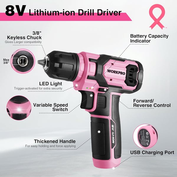 imageWORKPRO Pink Power Drill Set 8V Cordless Drill Driver Set with 53pcs Bit Set 20Ah Electric Cordless Drill Kit with 38quot Keyless Chuck and Variable Speed Trigger Portable Drill for DIY Pink RibbonPink