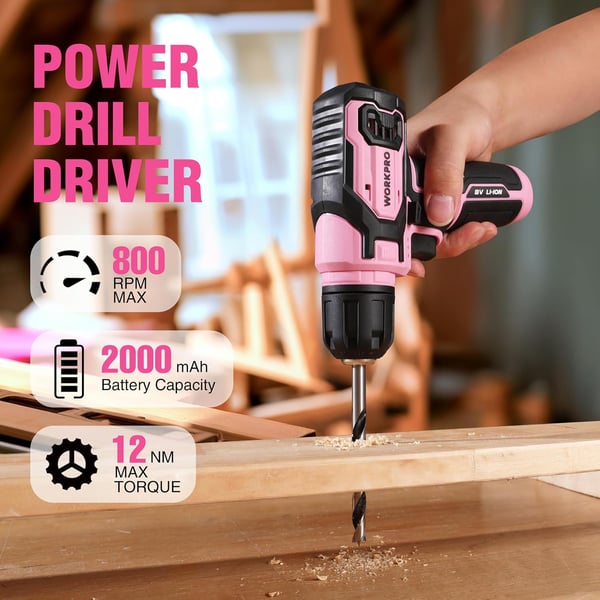 imageWORKPRO Pink Power Drill Set and Stackable Tool Box 8V Cordless Drill Driver with Bit Set 20Ah Electric Cordless Screwdriver Kit with 38quot Keyless Chuck Portable Drill for Home DIY Pink RibbonPink