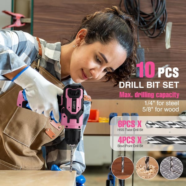 imageWORKPRO Pink Power Drill Set and Stackable Tool Box 8V Cordless Drill Driver with Bit Set 20Ah Electric Cordless Screwdriver Kit with 38quot Keyless Chuck Portable Drill for Home DIY Pink RibbonPink