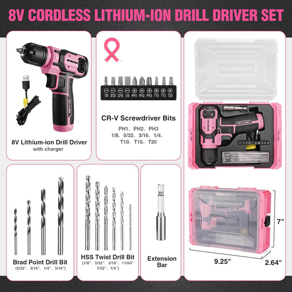 imageWORKPRO Pink Power Drill Set and Stackable Tool Box 8V Cordless Drill Driver with Bit Set 20Ah Electric Cordless Screwdriver Kit with 38quot Keyless Chuck Portable Drill for Home DIY Pink RibbonPink