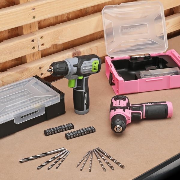 imageWORKPRO Pink Power Drill Set and Stackable Tool Box 8V Cordless Drill Driver with Bit Set 20Ah Electric Cordless Screwdriver Kit with 38quot Keyless Chuck Portable Drill for Home DIY Pink RibbonPink