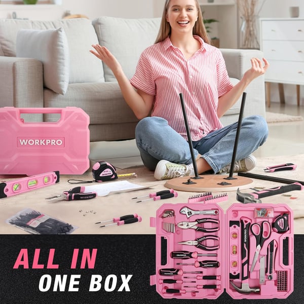 imageWORKPRO Pink Tool Box 258PCS Pink Tool Kit for Home Complete Household Tool Set with Pink Hammer Screwdriver Set Portable Toolkit for Home Repair New Apartment HouseWarming DIY  Pink Ribbon