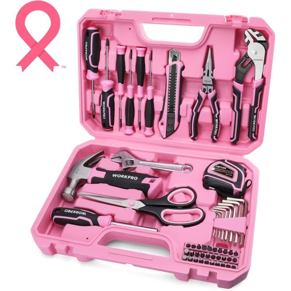 imageWORKPRO 52Piece Pink Tools Set Household Tool Kit with Storage Toolbox Basic Tool Set for Home Garage Apartment Dorm New House Back to School and as a Gift  Pink Ribbon