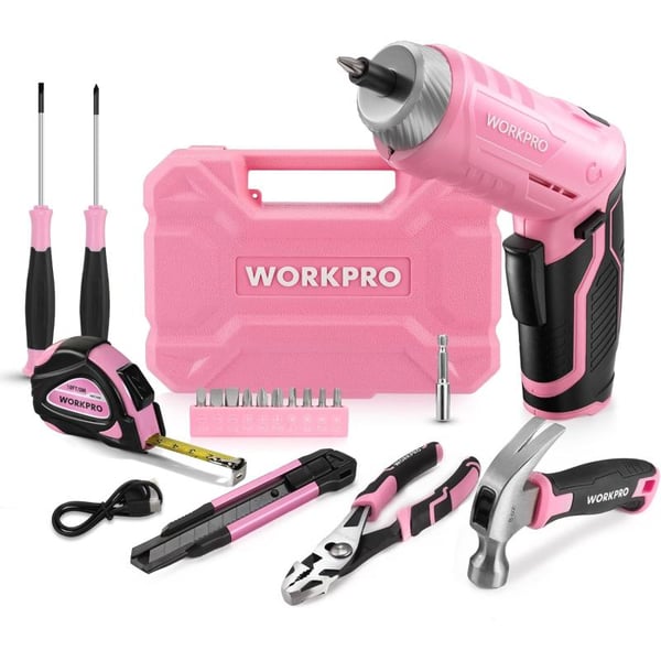 imageWORKPRO Home Tool Kit with 37V Rotatable Electric Screwdriver 18PCS General Household Tool Kit with Toolbox Rechargeable Electric Screwdriver Kit Basic Portable Tool Set for Dorm Garage DIYPink