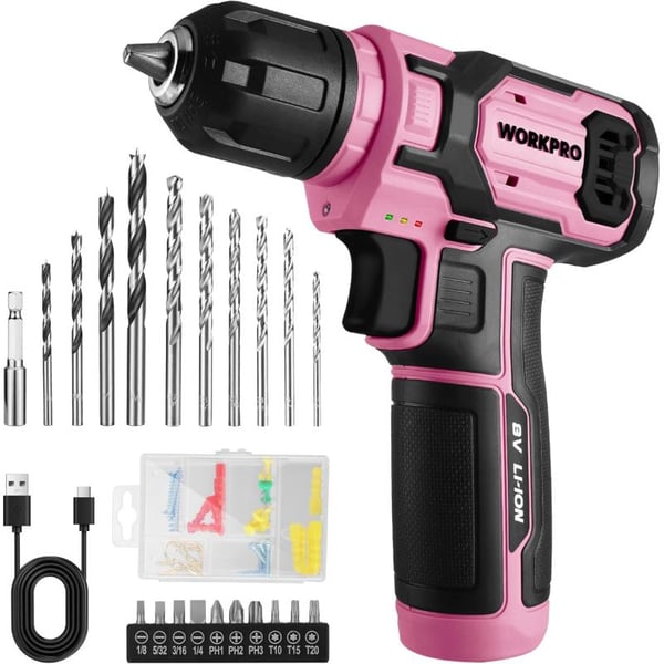 imageWORKPRO Pink Power Drill Set 8V Cordless Drill Driver Set with 53pcs Bit Set 20Ah Electric Cordless Drill Kit with 38quot Keyless Chuck and Variable Speed Trigger Portable Drill for DIY Pink RibbonPink