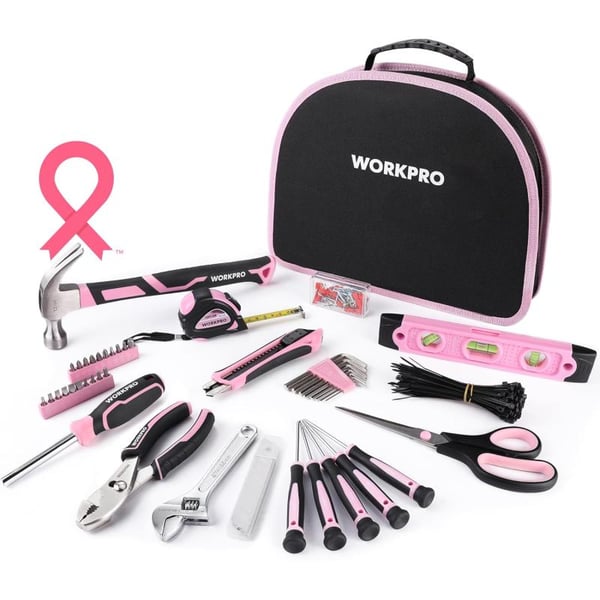 imageWORKPRO Pink Tool Kit  236 Pieces Pink Tool Set with Easy Carrying Round Pouch Household Tool Kit Perfect for DIY Home Maintenance  Pink Ribbon