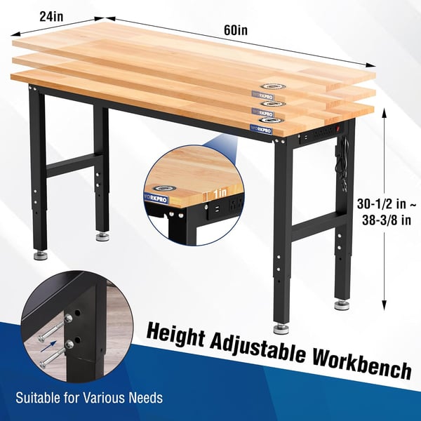 imageWORKPRO Garage Workbench 48quotX22quot Adjustable Workbench with Wheels and Leveling Foot Rubber Wood Top Work Desk with Power Outlets 1500 LBS Workbenches for Garage Workshop Office Home60x24 with Leveling Foot