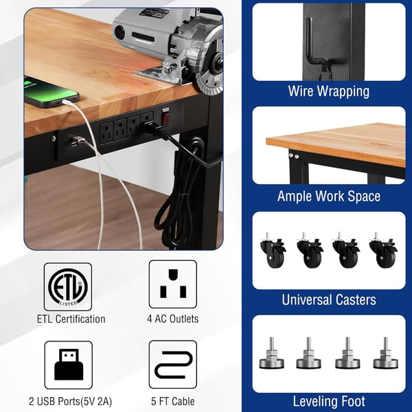 imageWORKPRO Garage Workbench 48quotX22quot Adjustable Workbench with Wheels and Leveling Foot Rubber Wood Top Work Desk with Power Outlets 1500 LBS Workbenches for Garage Workshop Office Home48x22 2IN1 Workbench