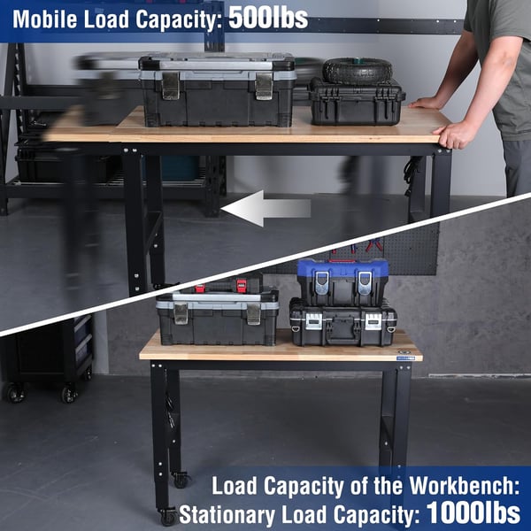 imageWORKPRO Garage Workbench 48quotX22quot Adjustable Workbench with Wheels and Leveling Foot Rubber Wood Top Work Desk with Power Outlets 1500 LBS Workbenches for Garage Workshop Office Home48x22 2IN1 Workbench