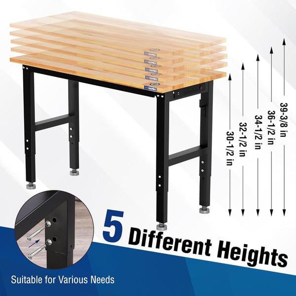 imageWORKPRO Garage Workbench 48quotX22quot Adjustable Workbench with Wheels and Leveling Foot Rubber Wood Top Work Desk with Power Outlets 1500 LBS Workbenches for Garage Workshop Office Home48x22 with Leveling Foot