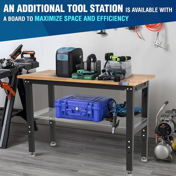 imageWORKPRO Garage Workbench 48quotX22quot Adjustable Workbench with Wheels and Leveling Foot Rubber Wood Top Work Desk with Power Outlets 1500 LBS Workbenches for Garage Workshop Office Home48x22 with Leveling Foot