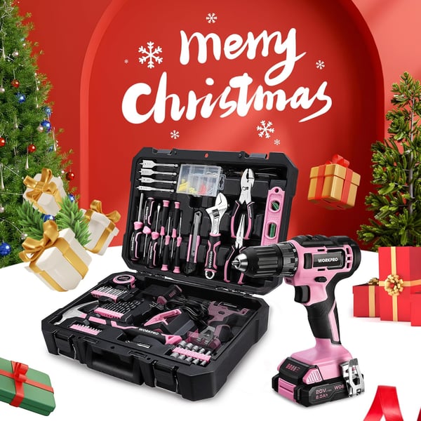 imageWORKPRO 20V Pink Cordless Drill Driver and Home Tool Set 141PCS Hand Tool Kit for DIY Home Maintenance 20 Ah Liion Battery 1 Hour Fast Charger and Tool Box Included  Pink Ribbon