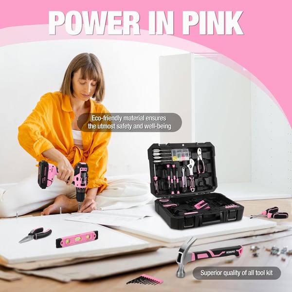 imageWORKPRO 20V Pink Cordless Drill Driver and Home Tool Set 141PCS Hand Tool Kit for DIY Home Maintenance 20 Ah Liion Battery 1 Hour Fast Charger and Tool Box Included  Pink Ribbon