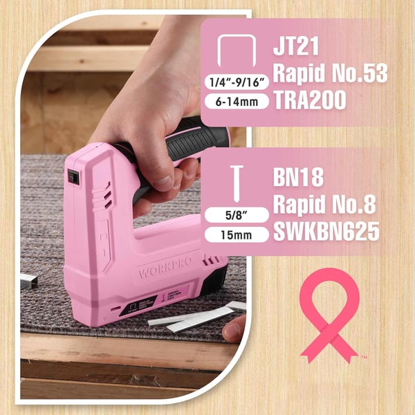 imageWORKPRO 36V Power Electric Cordless 2in1 Staple and Nail Gun 20Ah Battery Powered Stapler for Upholstery Crafts DIY Including USB Charger Cable 2000PCS of Staples and Nails  Pink RibbonPink