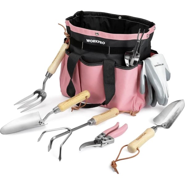 imageWORKPRO 8Piece Pink Garden Tool Set Stainless Steel Gardening Tools with Wood Handle Including Garden Tote Gloves Trowel Hand Weeder Cultivator and More Gardening Gifts For Women  Pink RibbonPink