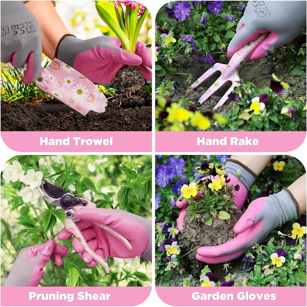 WORKPRO Aluminum Garden Tool Set 4PCS Heavy Duty Hand Garden Tools with Box Include Trowel Rake Pruner Garden Gloves Floral and Insect Printing Garden GiftsPink with bag