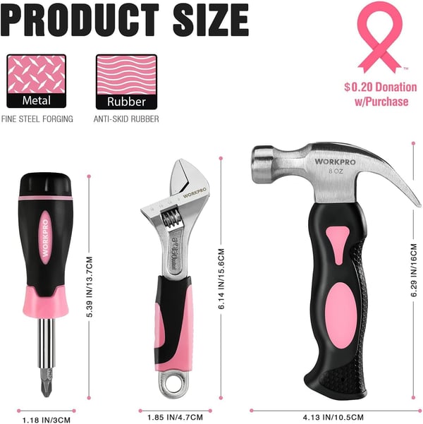 WORKPRO 10piece Pink Tool Kit Household Tools Set with Screwdriver Bits Holder Set Adjustable Wrench and Stubby Claw HammerPink RibbonWORKPRO 10piece Pink Tool Kit Household Tools Set with Screwdriver Bits Holder Set Adjustable Wrench and Stubby Claw HammerPink Ribbon