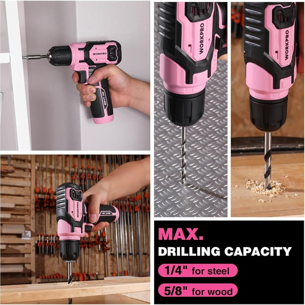 imageWORKPRO Pink Power Drill Set 8V Cordless Drill Driver Set with 53pcs Bit Set 20Ah Electric Cordless Drill Kit with 38quot Keyless Chuck and Variable Speed Trigger Portable Drill for DIY Pink RibbonPink