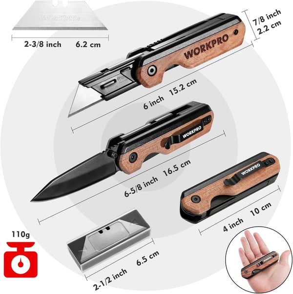 WORKPRO 2in1 Folding KnifeUtility Knife QuickChange Box Cutter with Belt Clip Liner Lock and G10 Handle Extra 10 SK5 Blades Included BlueWood