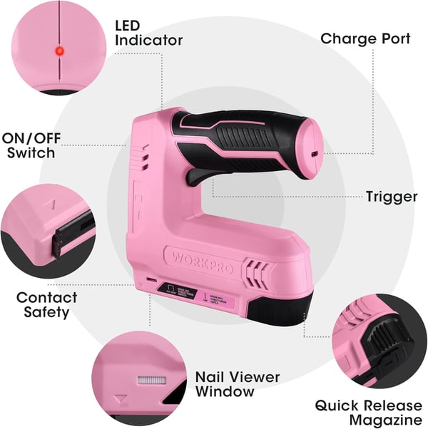 WORKPRO 36V Power Electric Cordless 2in1 Staple and Nail Gun 20Ah Battery Powered Stapler for Upholstery Carpentry Crafts DIY Including USB Charger Cable 2000PCS of Staples and Nails PinkPink