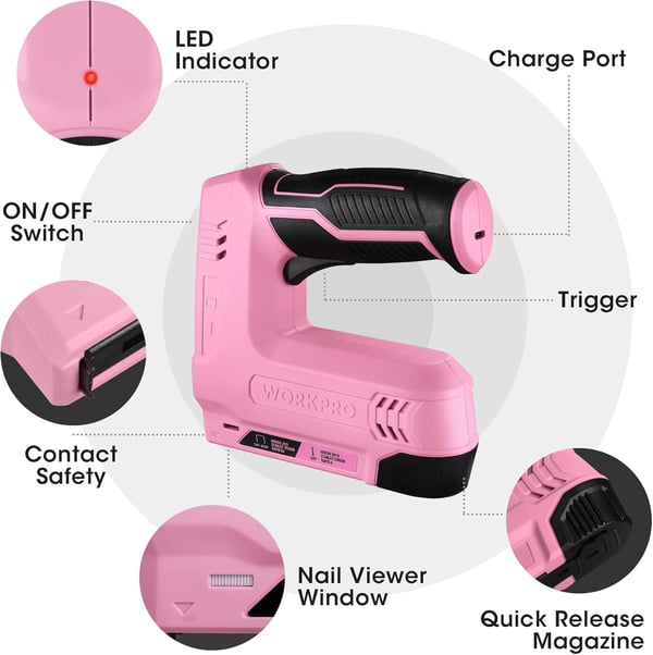 imageWORKPRO 36V Power Electric Cordless 2in1 Staple and Nail Gun 20Ah Battery Powered Stapler for Upholstery Crafts DIY Including USB Charger Cable 2000PCS of Staples and Nails  Pink RibbonPink