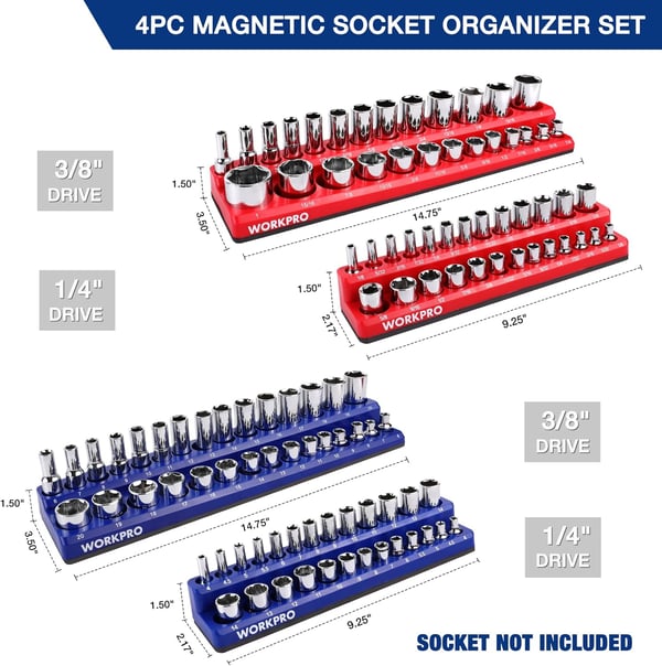 WORKPRO Magnetic Socket Organizer Set 4Piece Socket Holder Set Includes 14 38 Drive Metric SAE Socket Trays Holds 108 Pieces Standard Size and Deep Size SocketsSocket not IncludedWORKPRO Magnetic Socket Organizer Set 4Piece Socket Holder Set Includes 14 38 Drive Metric SAE Socket Trays Holds 108 Pieces Standard Size and Deep Size SocketsSocket not Included