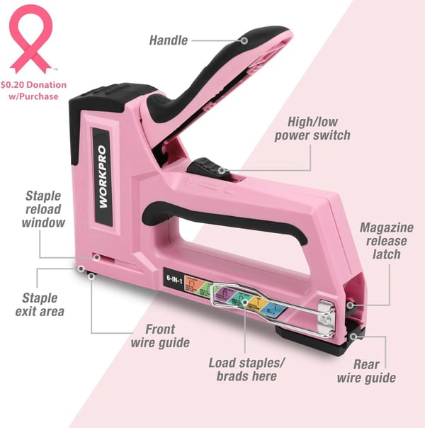 WORKPRO Pink Staple Gun 6in1 Manual Brad Nailer with 4000Pieces Staples for Fixing Material Carpentry Upholstery Furniture and DIY  Pink RibbonPink