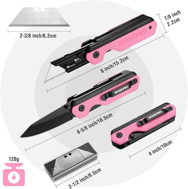 WORKPRO 2in1 Folding KnifeUtility Knife QuickChange Box Cutter with Belt Clip Liner Lock and G10 Handle Extra 10 SK5 Blades Included BluePink G10